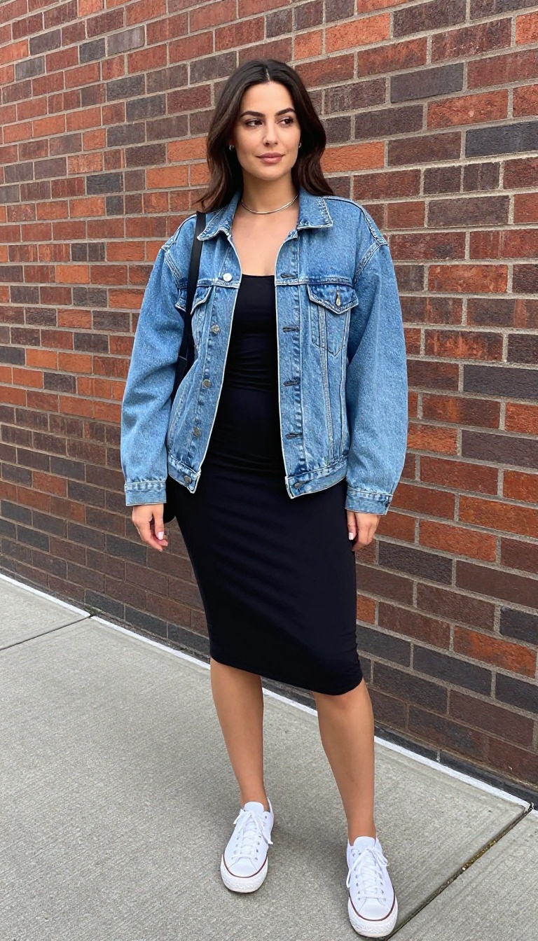 3. Black Slip Dress With a Vintage Denim Jacket