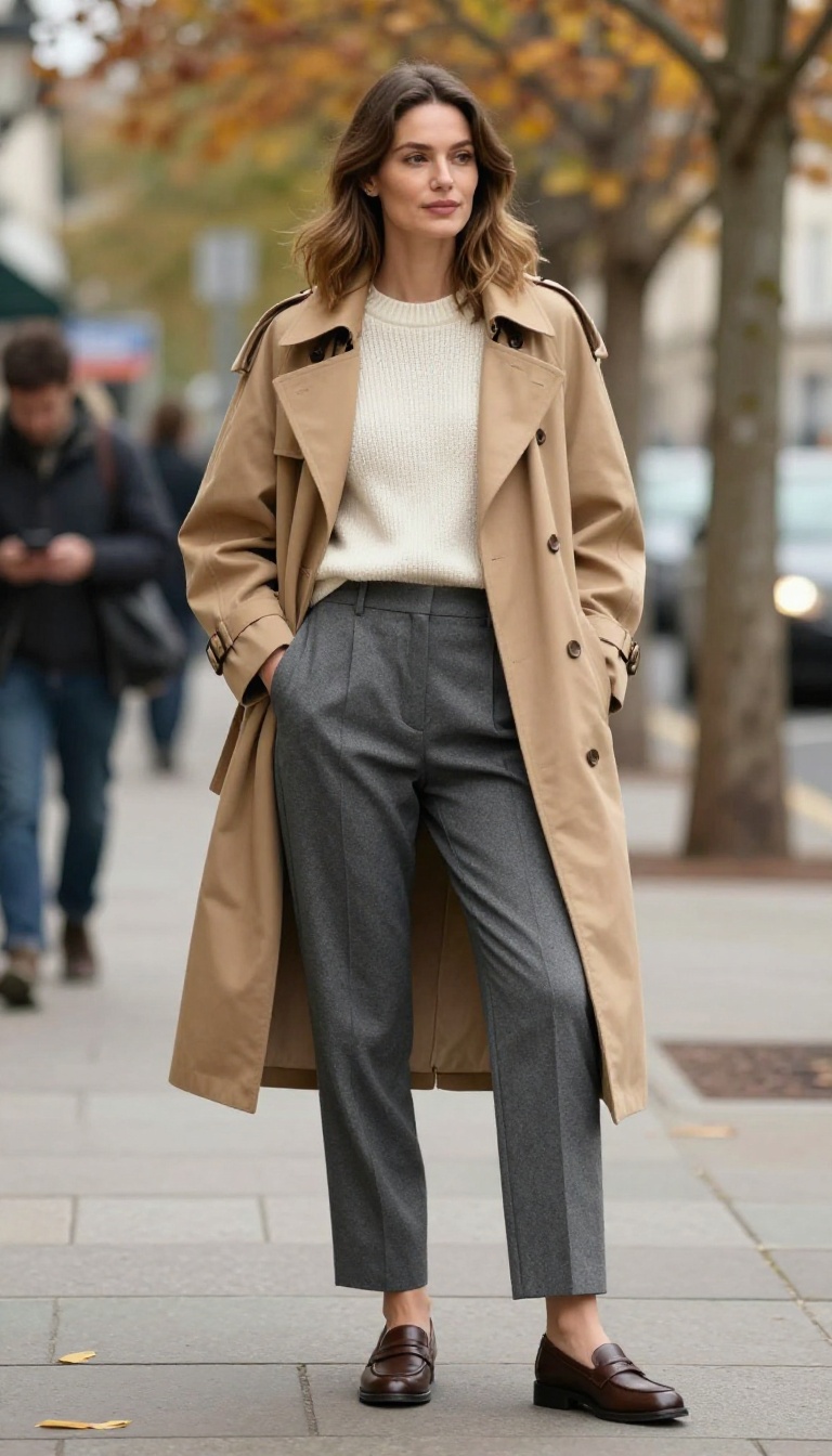 3. The Trench Coat and Tailored Trousers