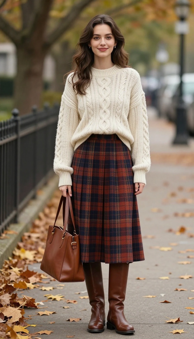 3. Plaid Wool Skirt with Chunky Knit and Riding Boots