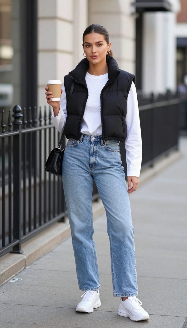 10. Puffer Vest and Wide-Leg Jeans