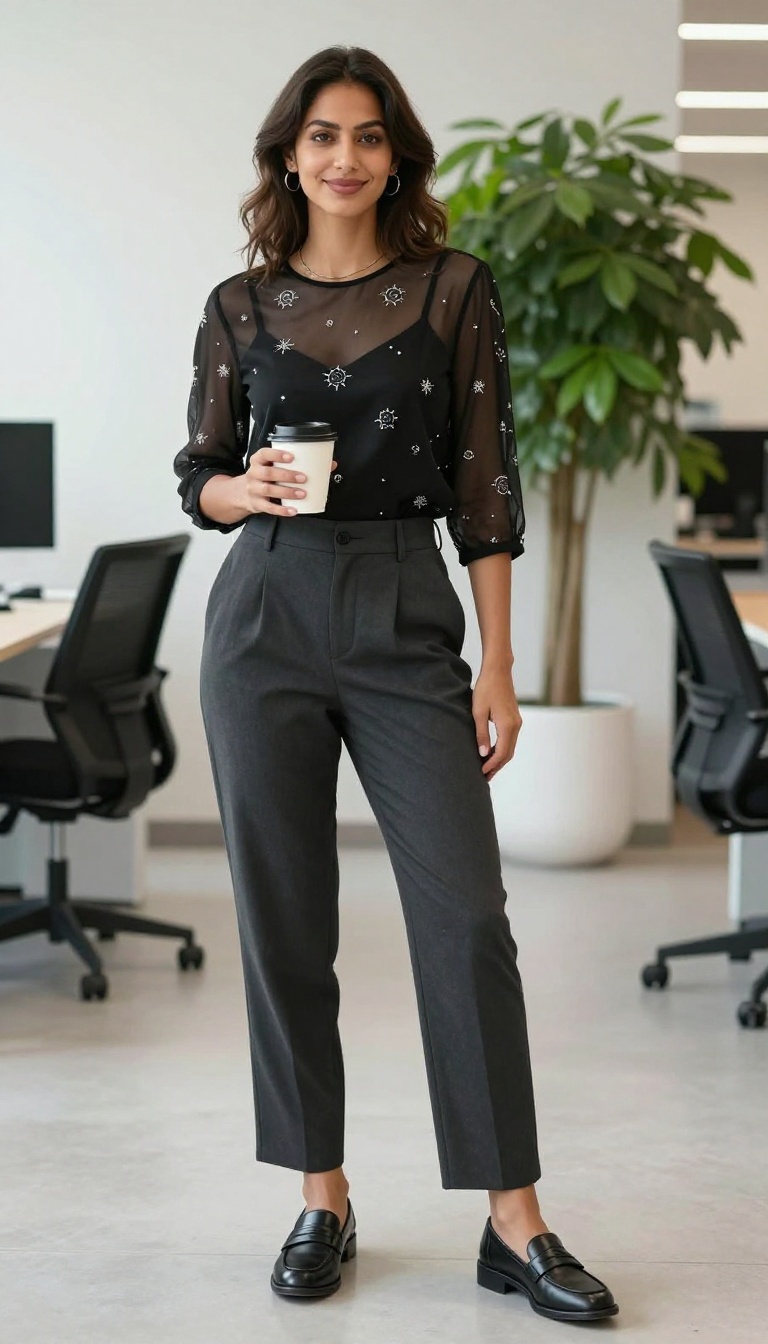 7. Sheer Blouse + High-Waisted Trousers
