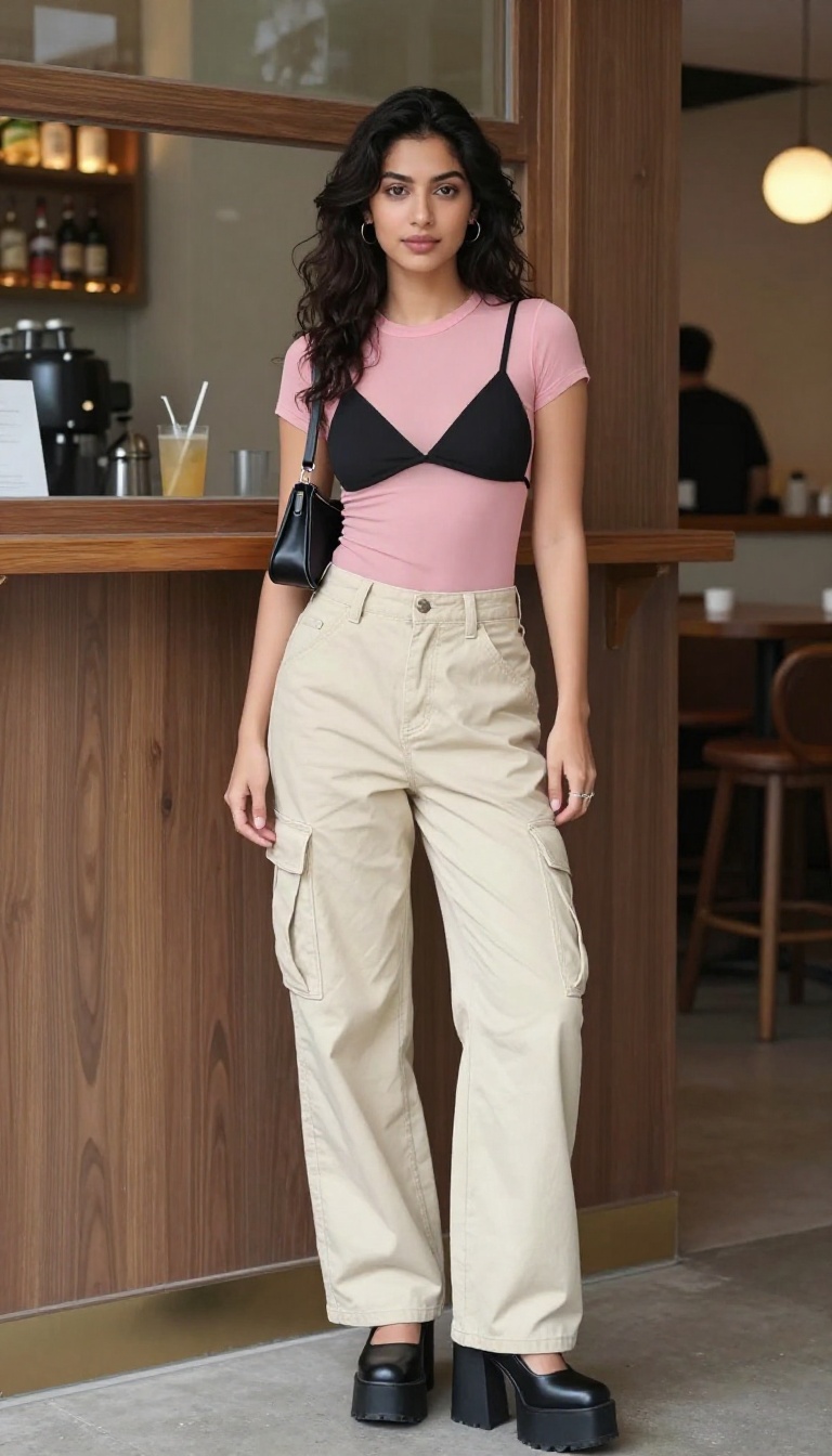 8. Pink Mesh Top & Cargo Pants: Going Out Glam