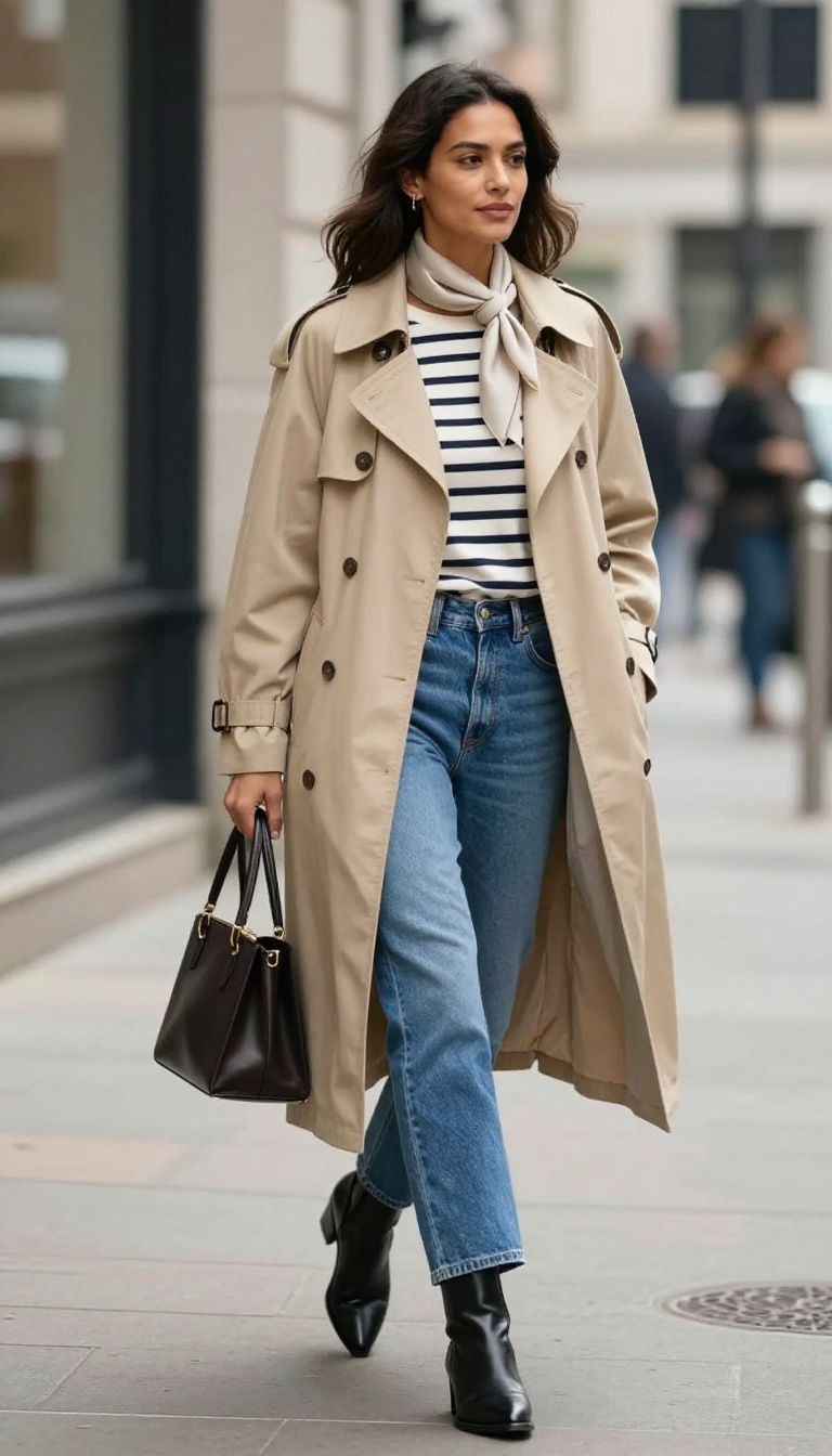 6. The Trench Coat and Straight-Leg Jeans