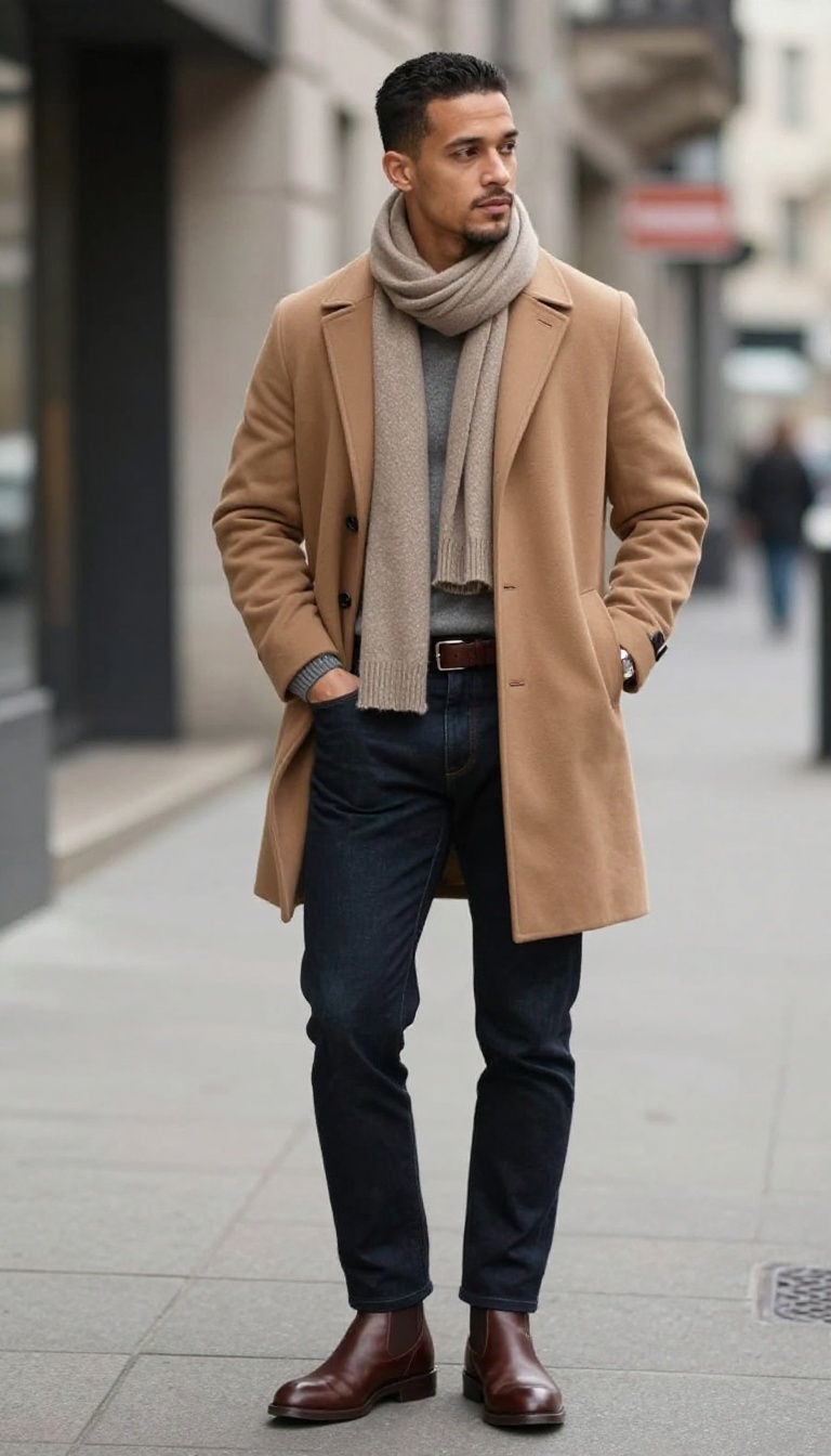 3. The Camel Overcoat and Dark Denim