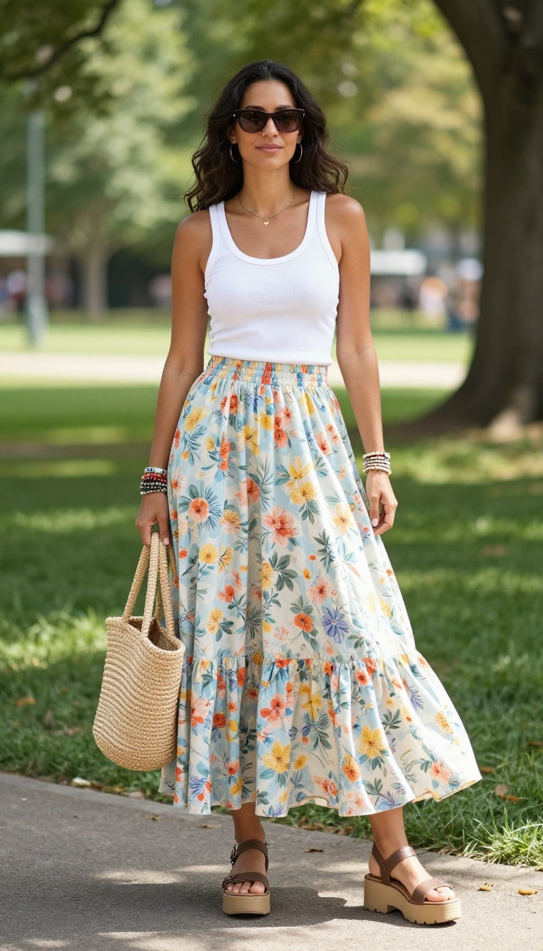 5. Floral Maxi Skirt + Ribbed Tank + Platform Sandals