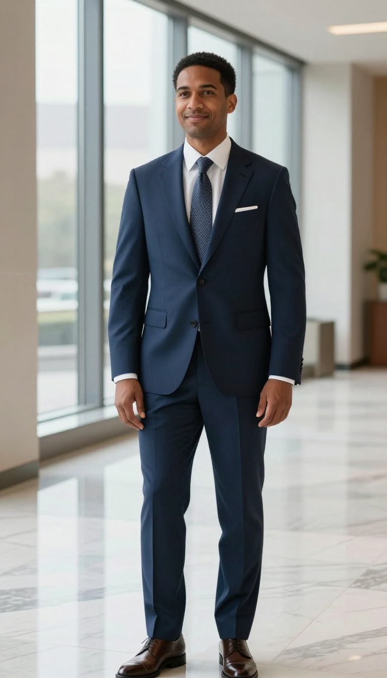 1. The Navy Tailored Suit with a White Pocket Square
