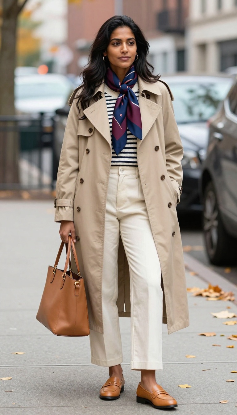 7. Trench Coat and Silk Scarf Ensemble