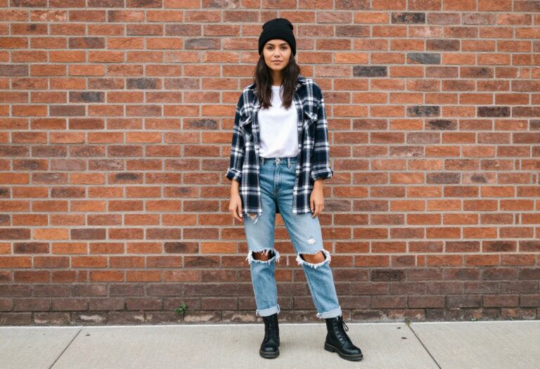 Woman wearing grunge 90s outfit with flannel shirt and combat boots