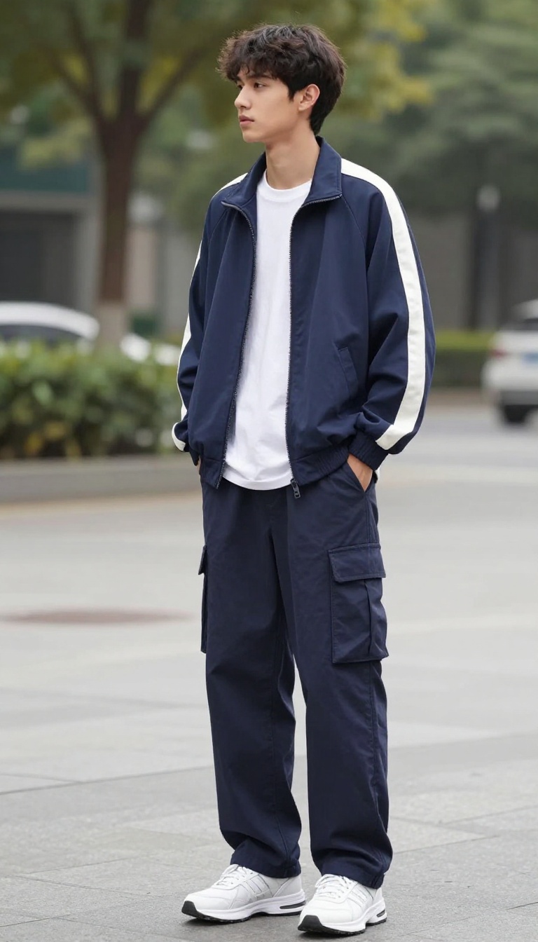 2. Retro Track Jacket and Wide-Leg Cargos