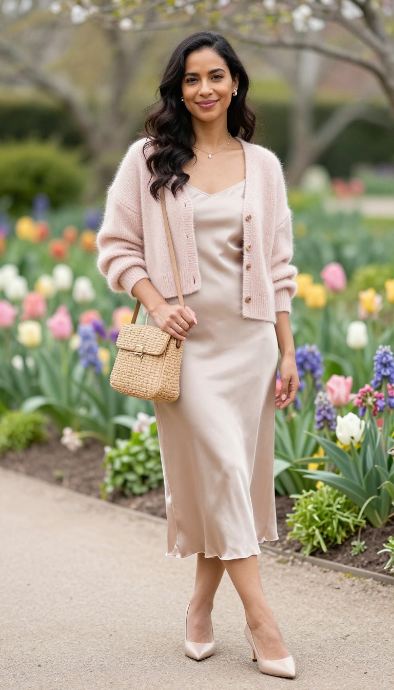 9. Cardigan + Slip Skirt + Kitten Heels