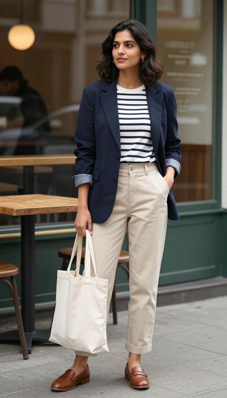 2. Navy Blazer Over a Striped Breton Top and Chinos