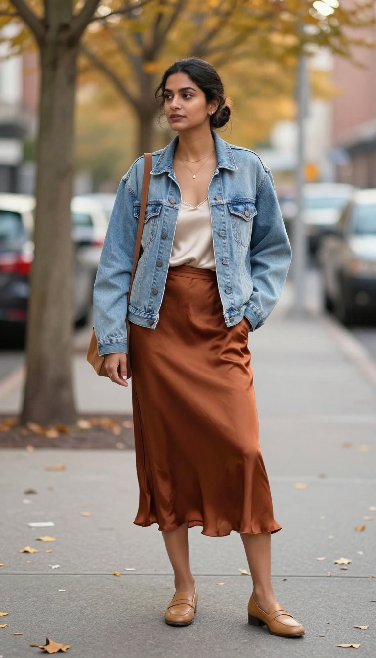 11. Denim Jacket and Silk Skirt