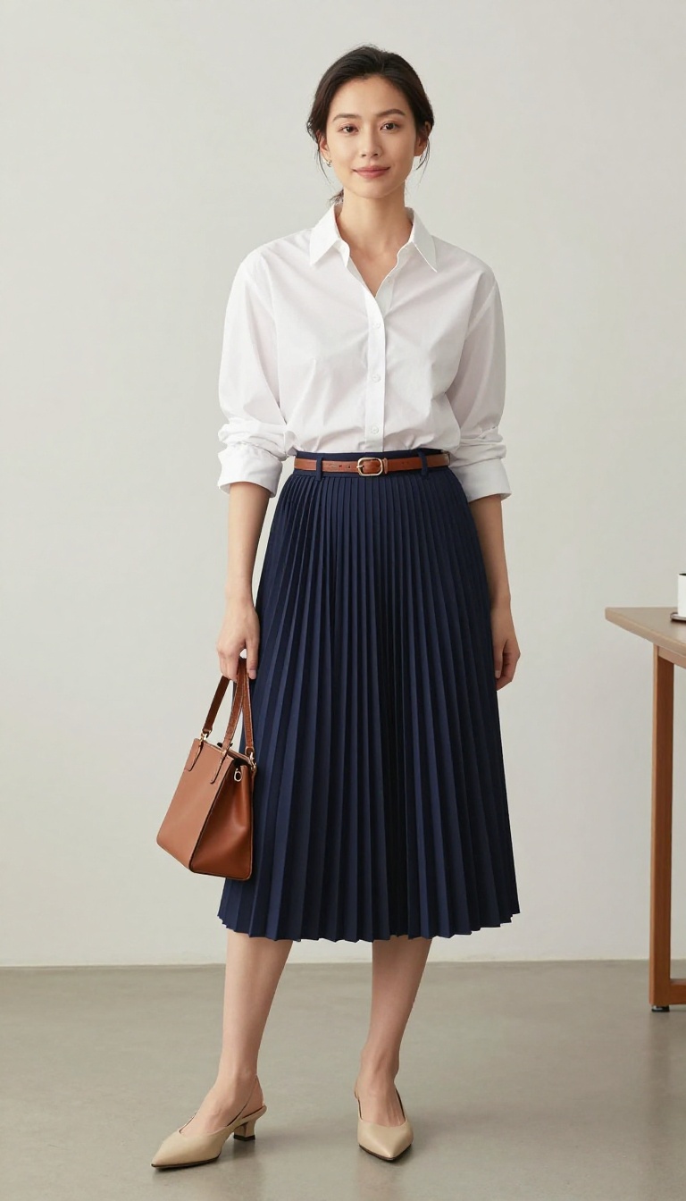 4. The White Button-Down and Pleated Skirt