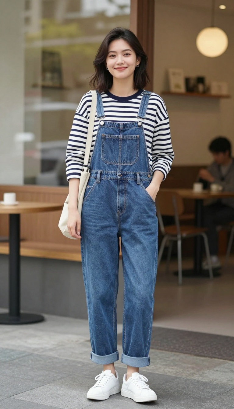 10. Overalls and a Striped Long-Sleeve