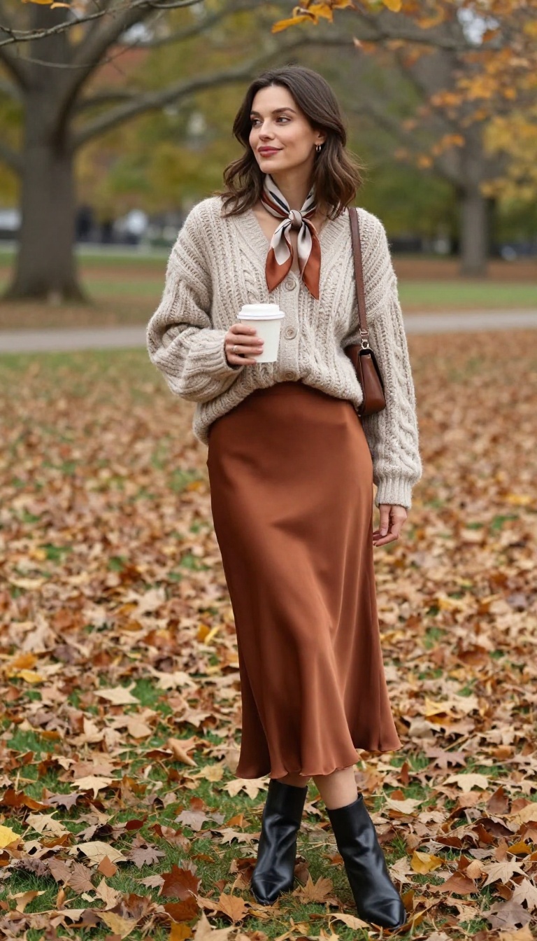 9. Chunky Cardigan with Midi Skirt and Ankle Boots