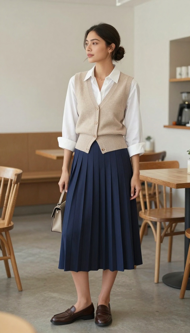 8. The Knit Vest and Pleated Skirt