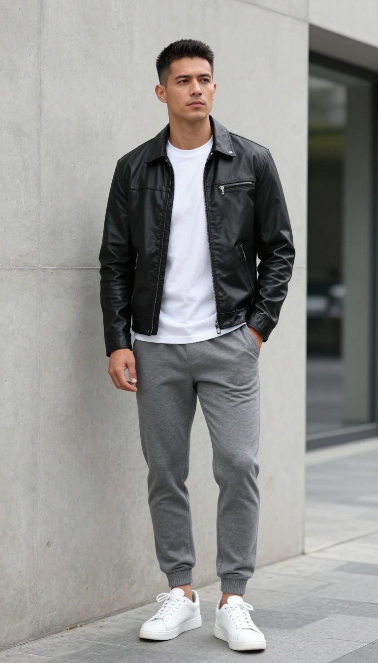 9. Black Leather Jacket with Grey Sweatpants