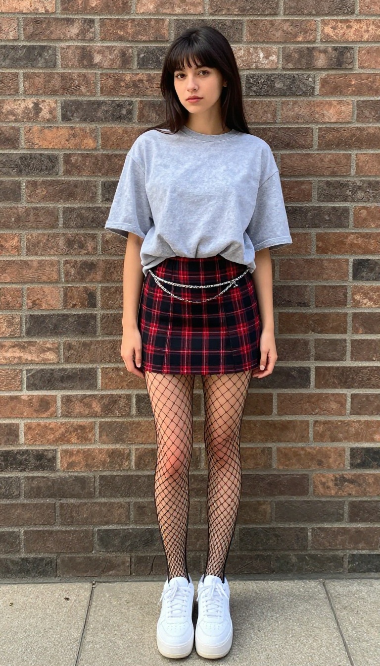 1. Plaid Skirt + Band Tee + Chunky Sneakers