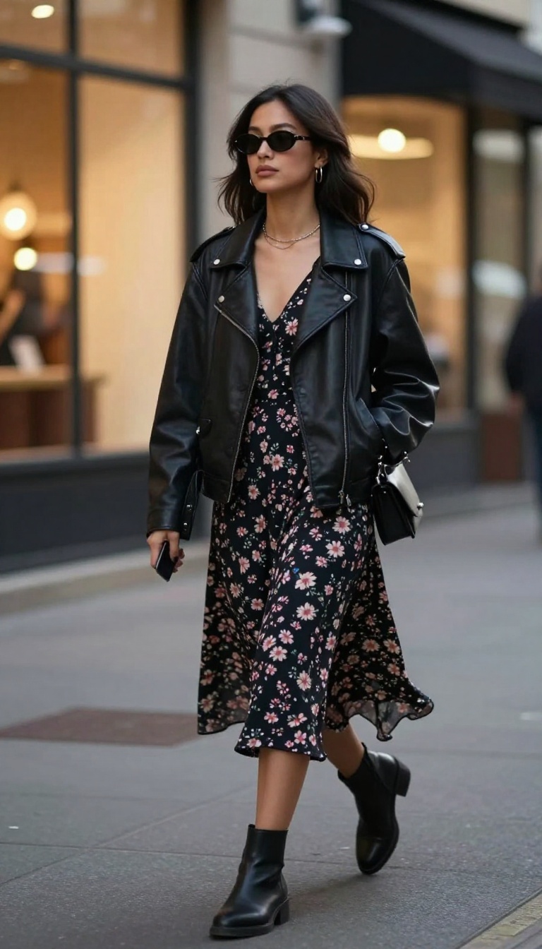 7. Leather Jacket and Floral Dress