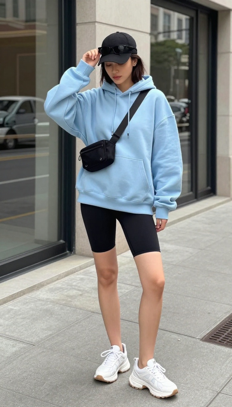6. Oversized Hoodie & Biker Shorts