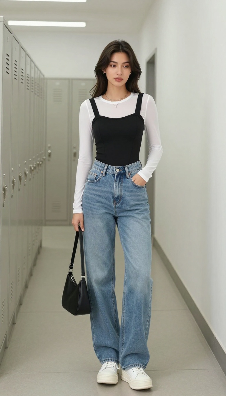 4. Corset Top + Wide-Leg Jeans + Platform Sneakers