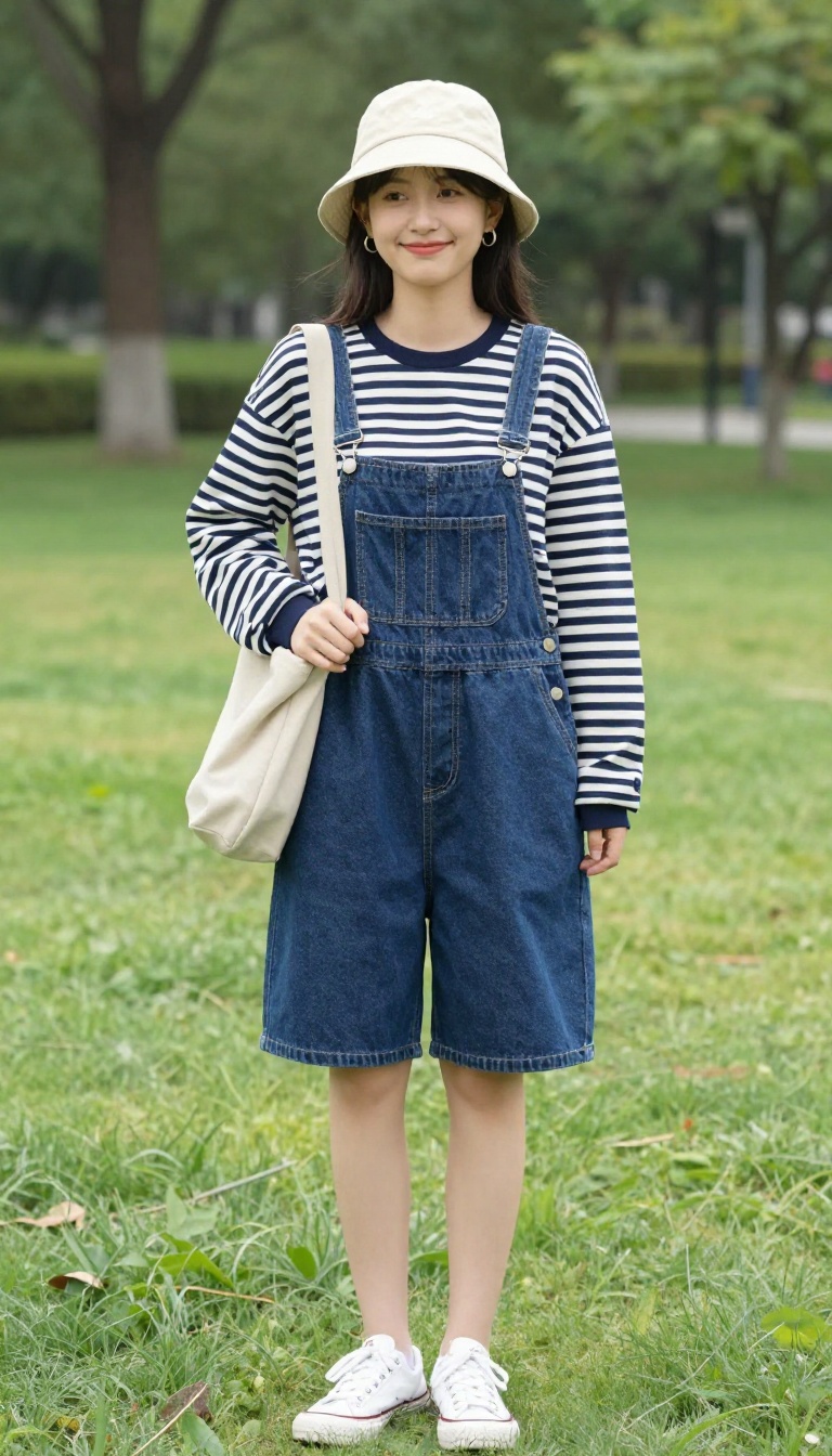 13. Overall Shorts and a Striped Top