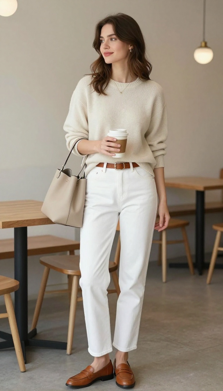 1. Cream Cashmere Crewneck With Tailored White Jeans