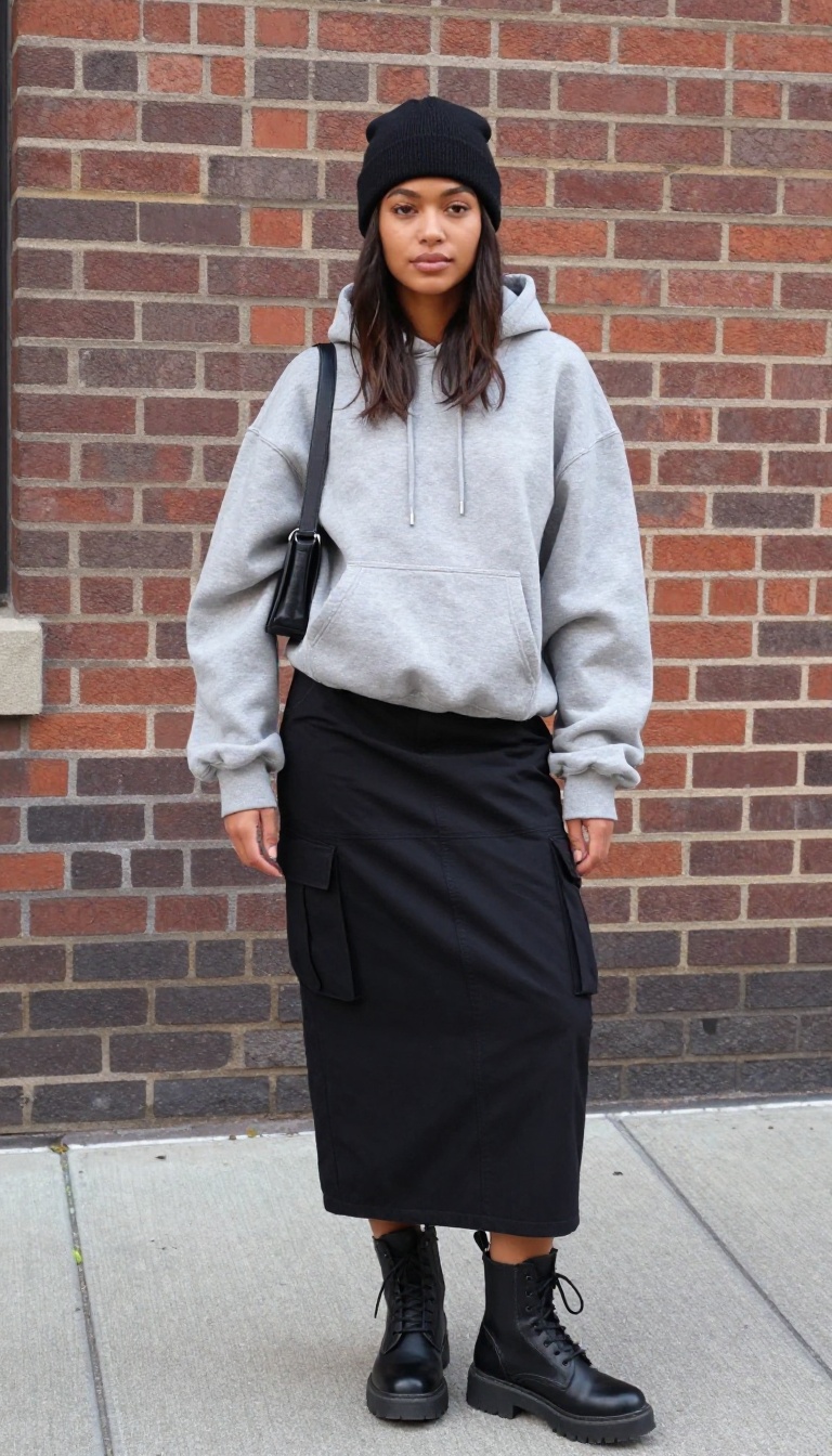 4. Hoodie and Cargo Skirt With Chunky Boots
