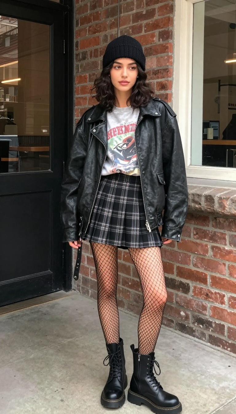 2. Plaid Mini Skirt With a Band Tee and Fishnets