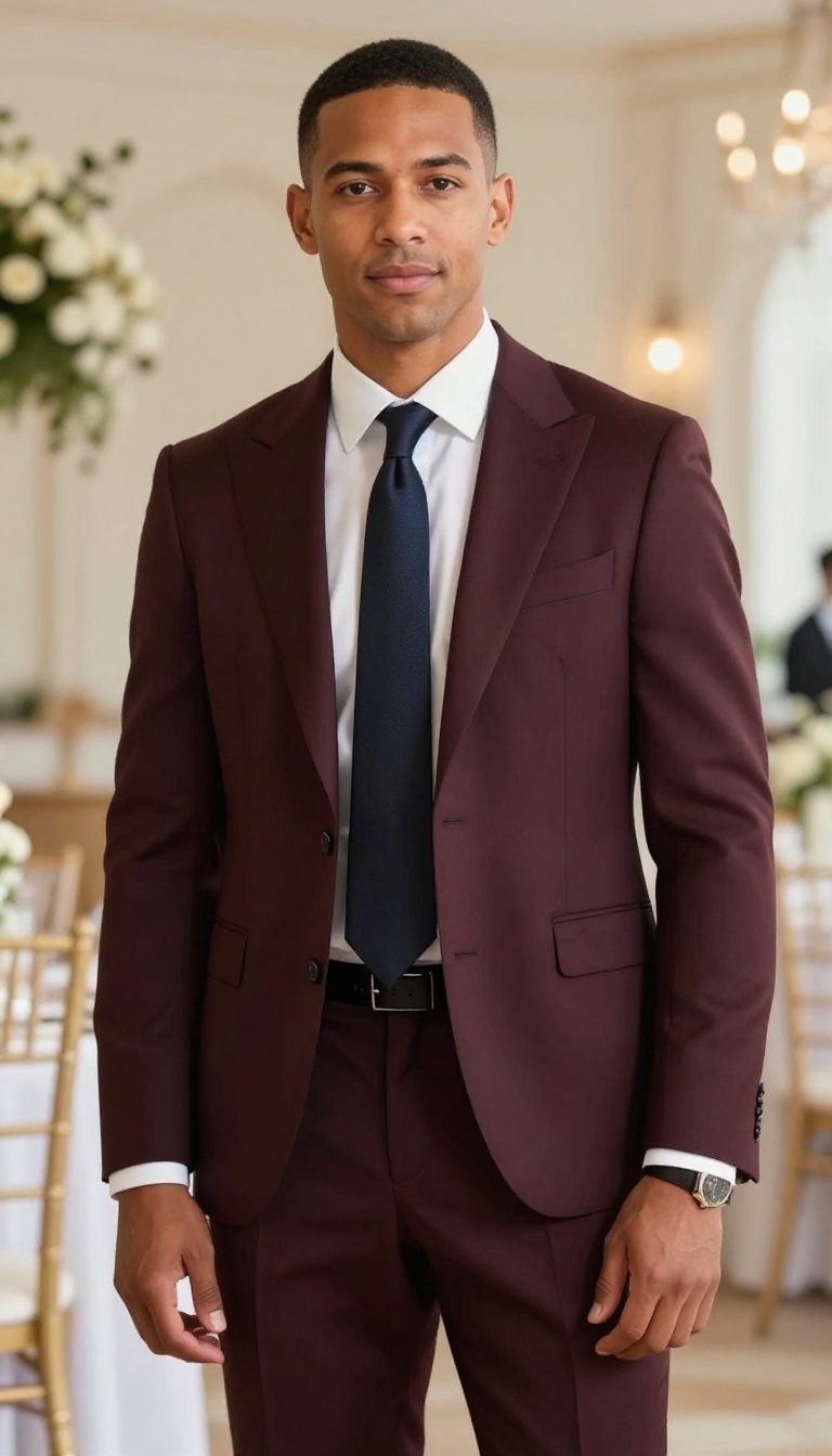 11. Burgundy Suit with a White Shirt and Dark Tie