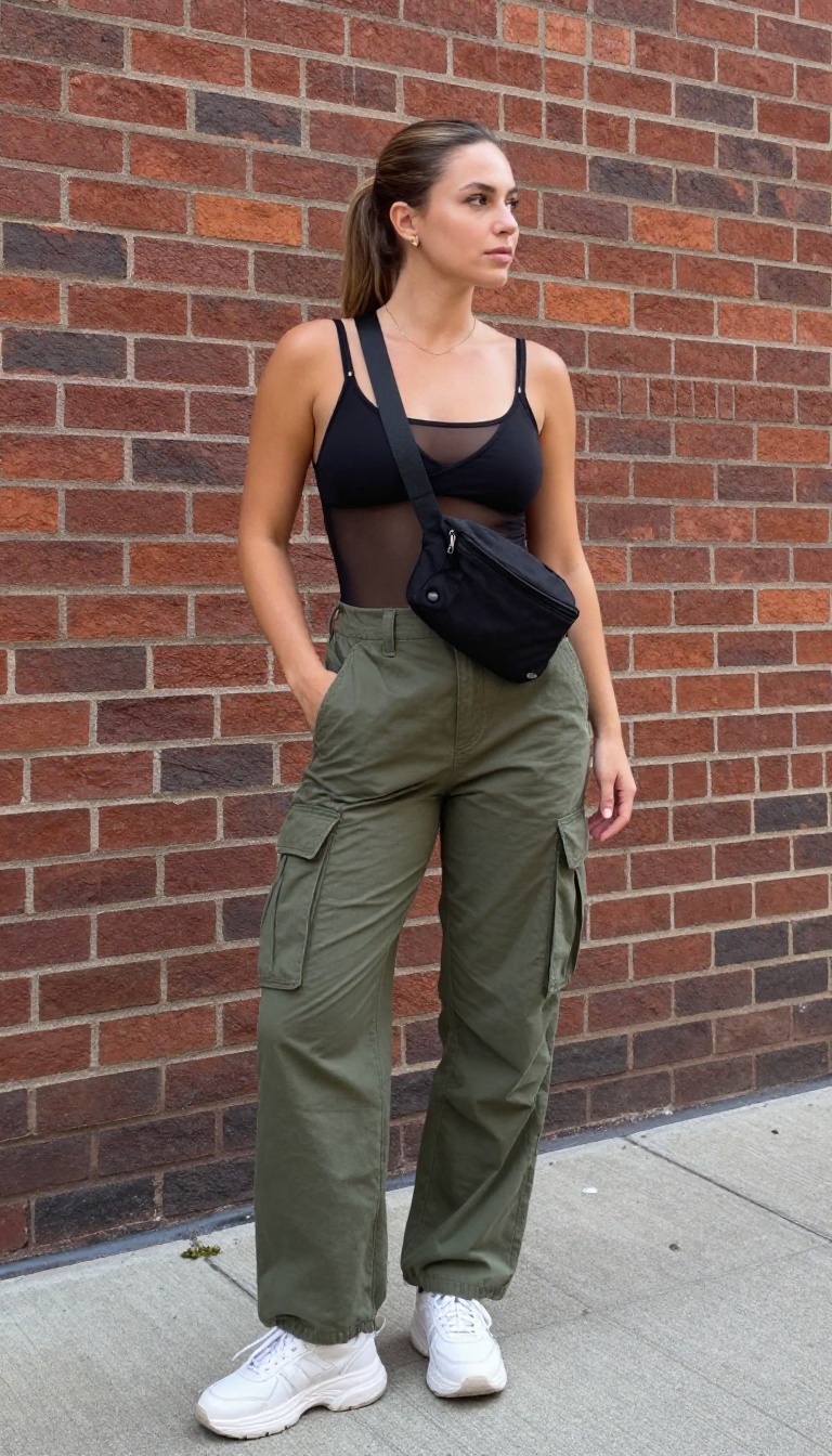 8. Cargo Pants with a Sports Bra and Mesh Top
