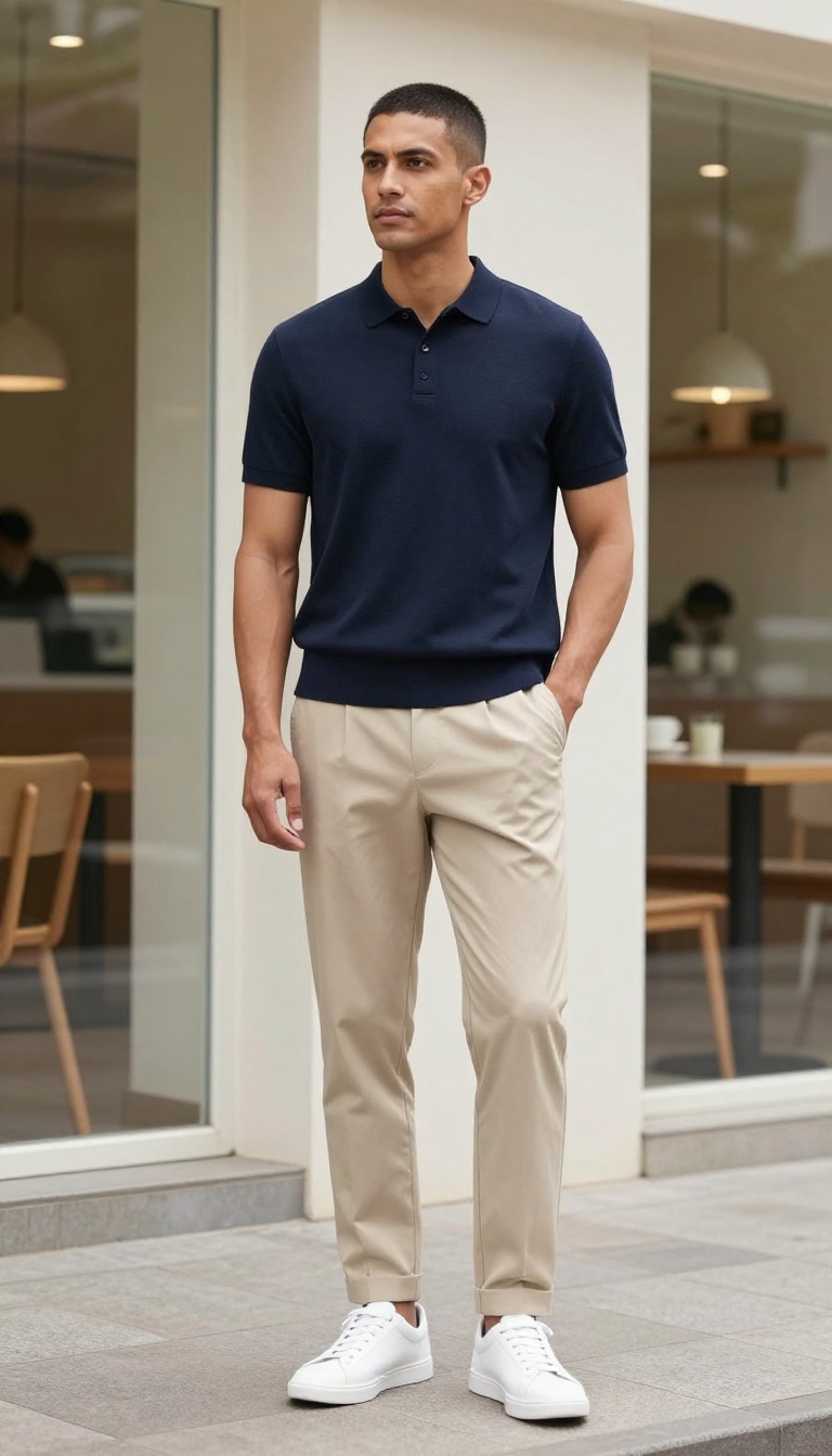 4. The Tailored Polo and Pleated Trousers Outfit