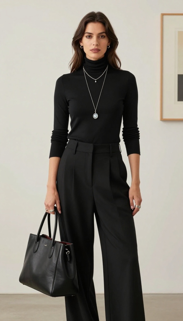 11. Layered Silver Jewelry + Black Turtleneck + Wide-Leg Trousers