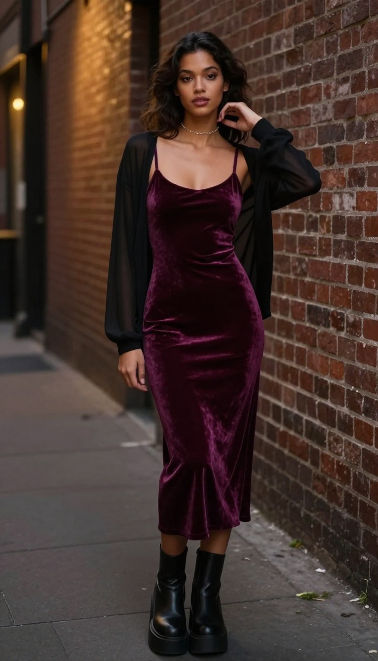 1. Velvet Slip Dress + Chunky Boots