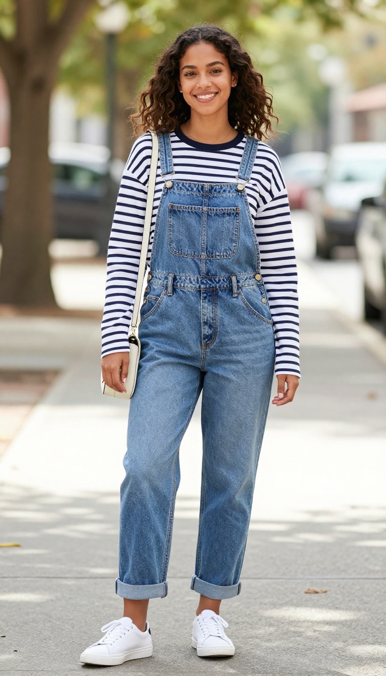 7. Overalls and a Striped Long-Sleeve