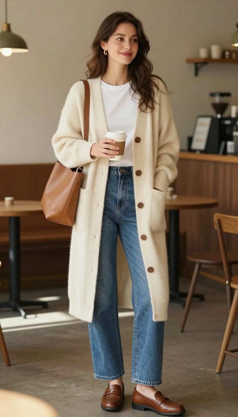 4. Cardigan + Wide-Leg Jeans + Loafers