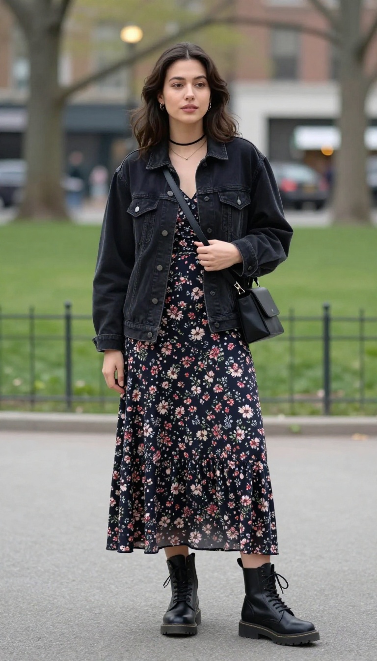 9. Black Denim Jacket With a Floral Dress