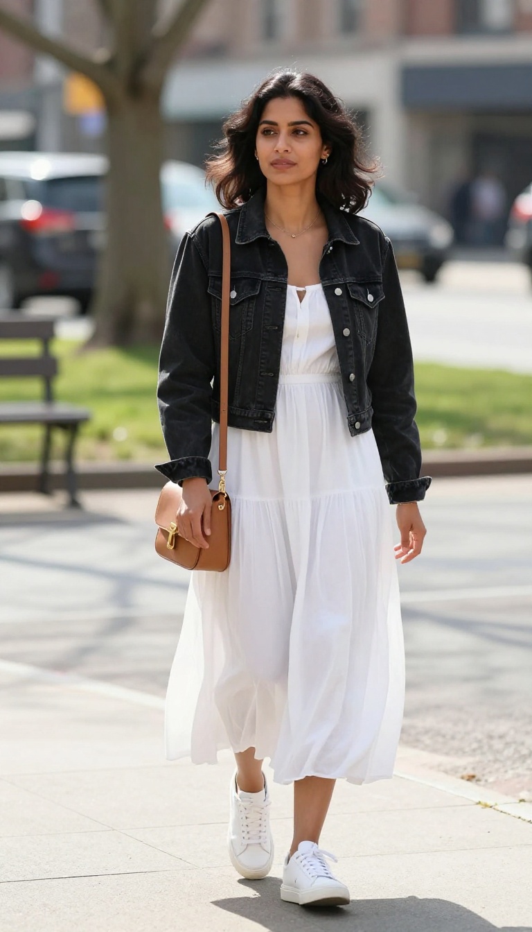 11. Black Denim Jacket + White Dress