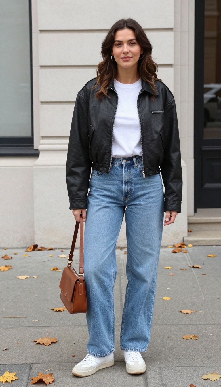 2. Leather Jacket + Mom Jeans + Chunky Sneakers