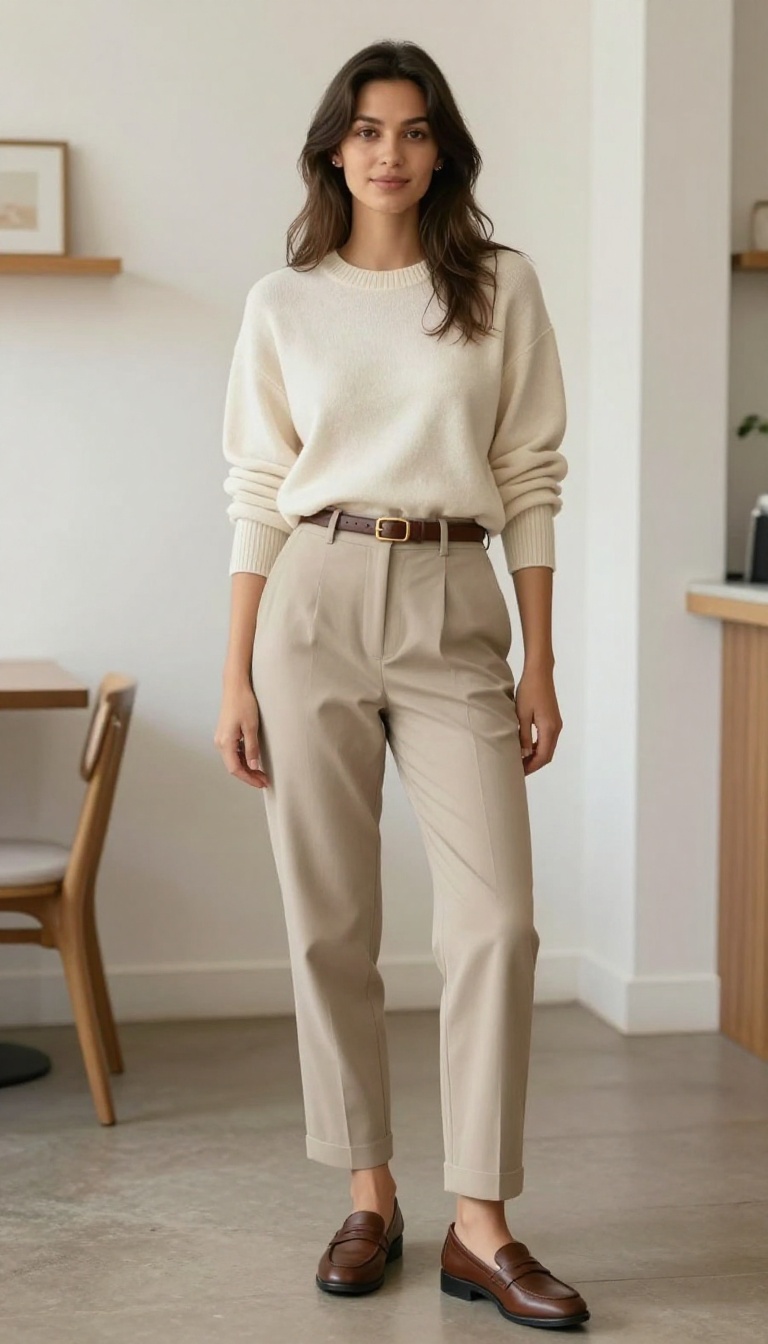 1. The Cream Knit and Tailored Trousers Combo