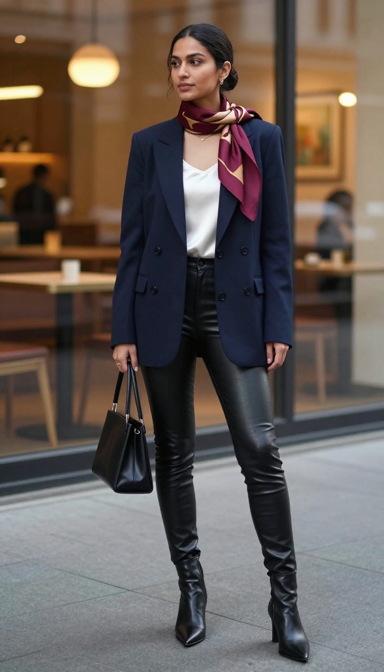 9. Blazer & Leather Leggings with Silk Scarf