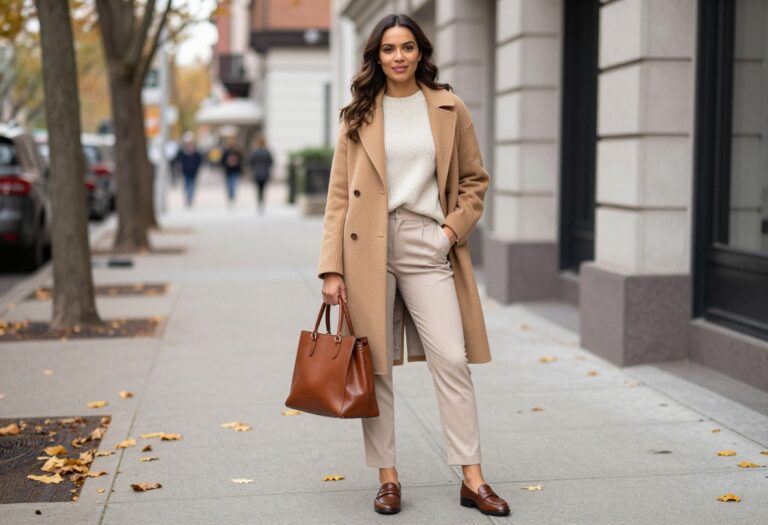 Woman in camel coat and tailored trousers for autumn old money style