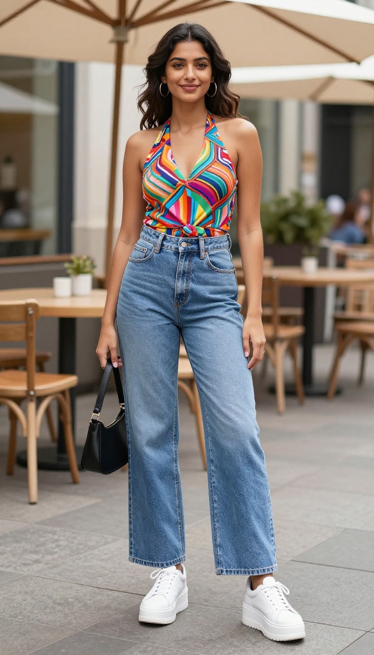 11. Halter Top + Wide-Leg Jeans + Platform Sneakers