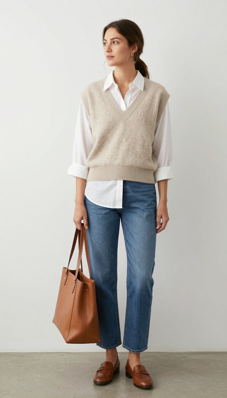 12. Sweater Vest + Straight-Leg Jeans