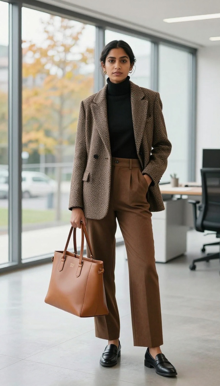 2. Tweed Blazer with Turtleneck and Wool Trousers