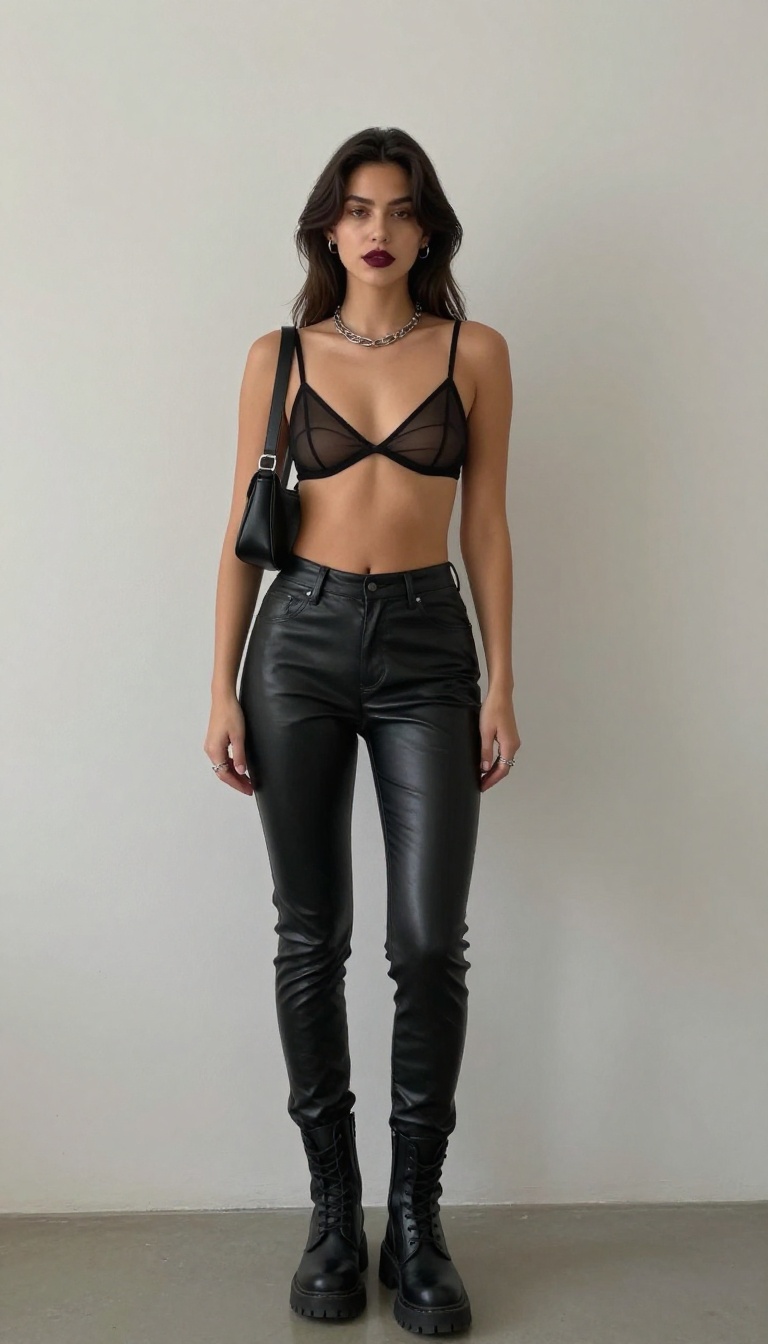 6. Sheer Blouse + Leather Pants + Combat Boots