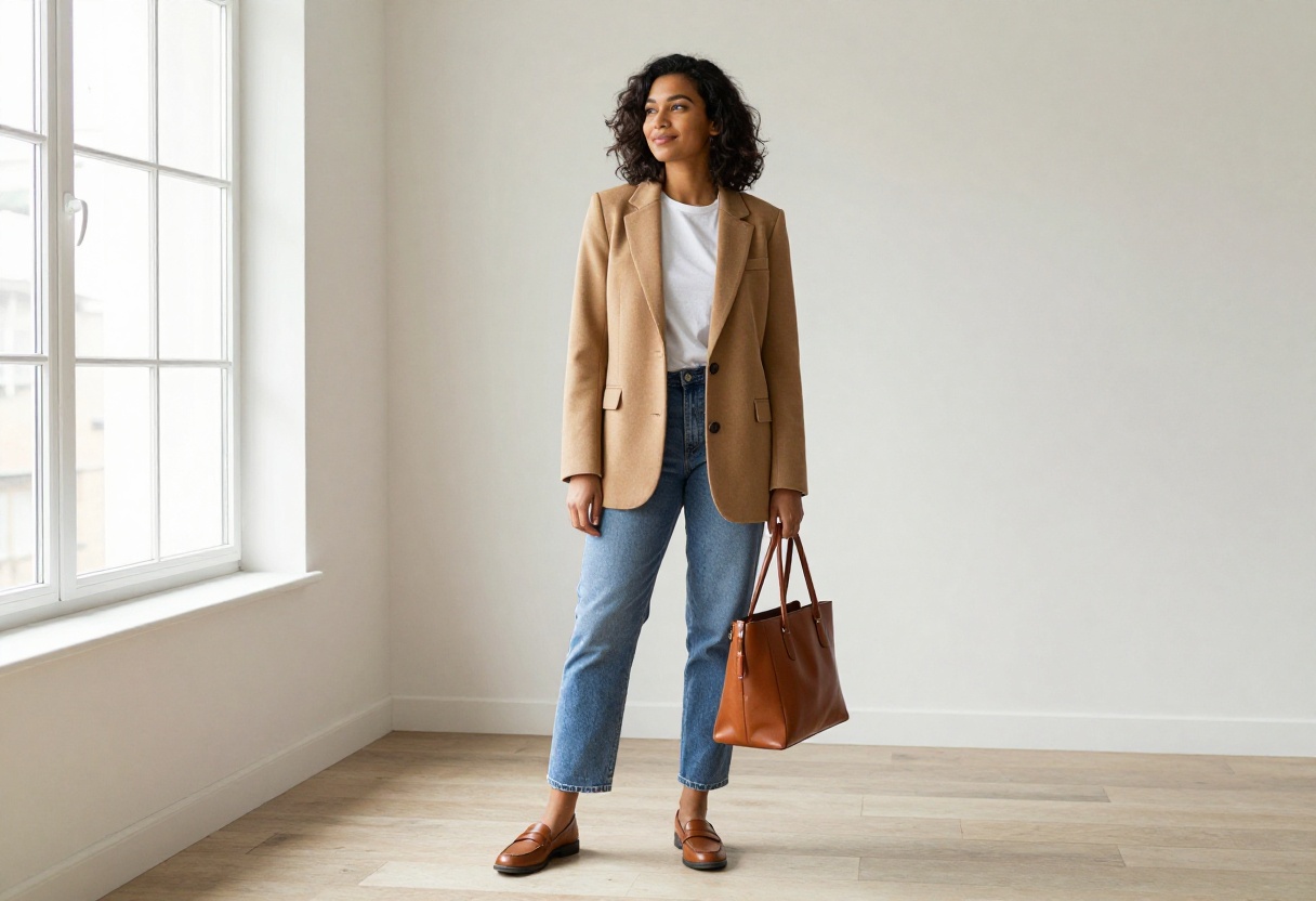 Woman in camel blazer, white tee, and jeans with loafers, embodying old money style