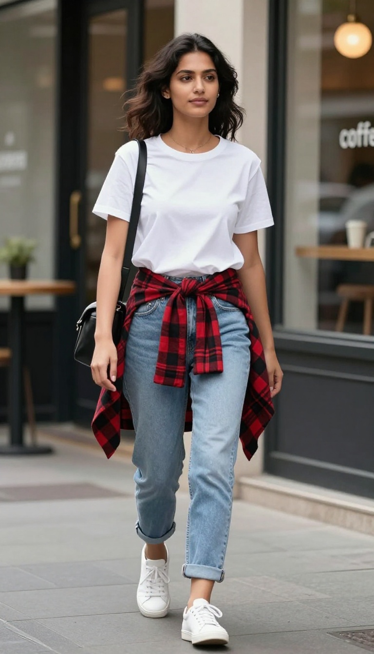 8. Flannel Shirt + White Tee + Mom Jeans + Sneakers