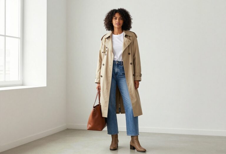 Woman in beige trench coat and jeans in a minimalist living room