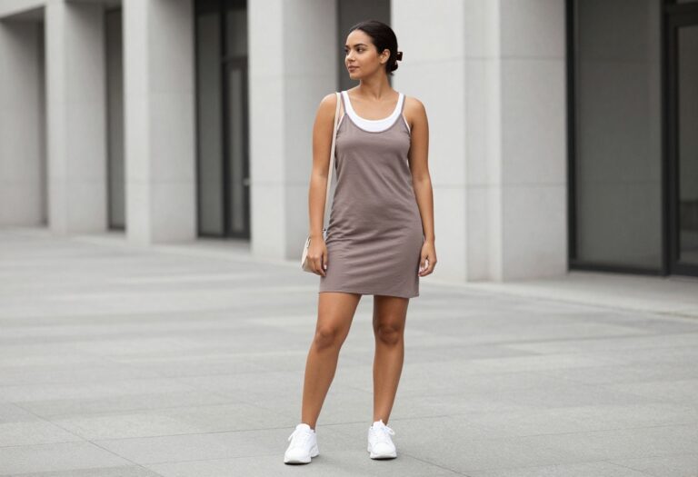 Woman in 90s slip dress and sneakers on city street